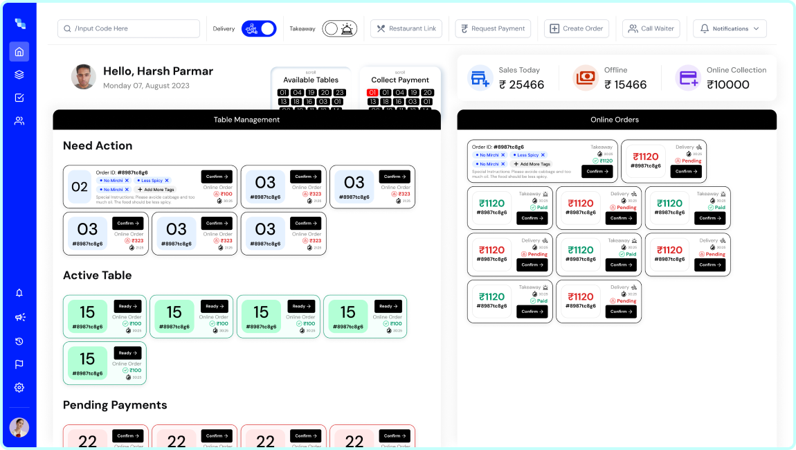 LivingMenu admin dashboard with table management and online orders